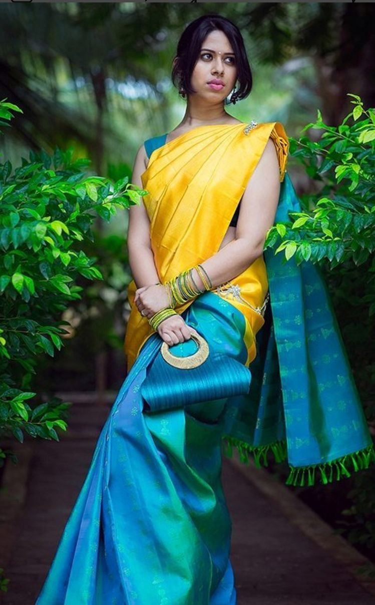 Sky blue and Yellow Colored Designer Faux Silk Saree