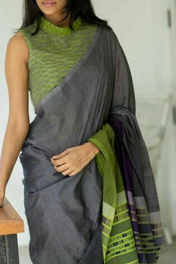 Green and Grey Colored Designer Faux Silk Saree