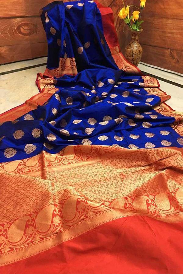Blue Colored Classy Faux Silk Saree With Blouse Piece For Women