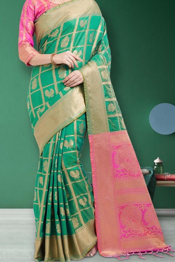 Pleasant Green Colored Partywear Faux Silk Saree With Blouse Piece
