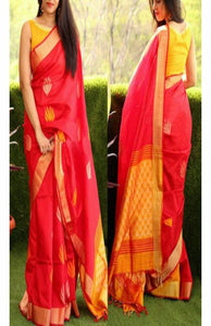 Red and Yellow Colored Designer Faux Silk Saree