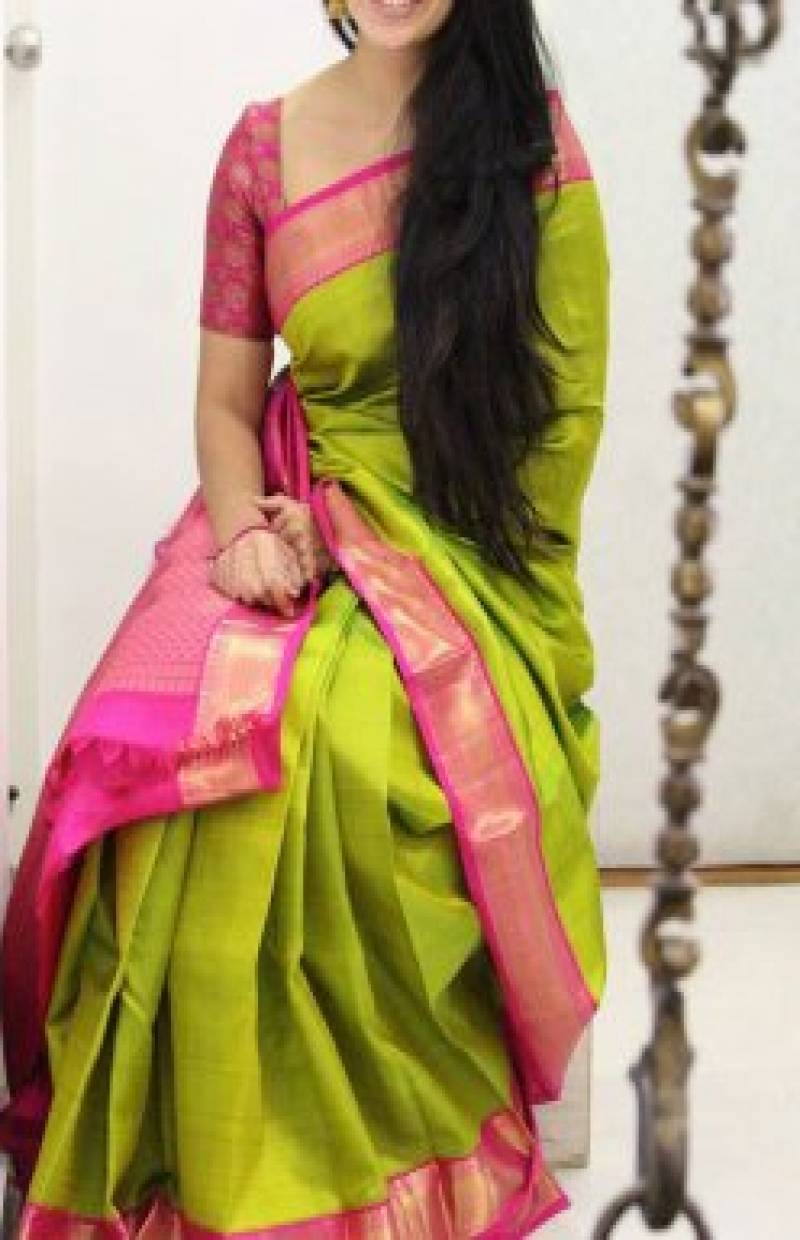 Green and Pink Colored Designer Faux Silk Saree