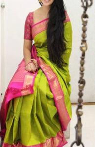 Green and Pink Colored Designer Faux Silk Saree