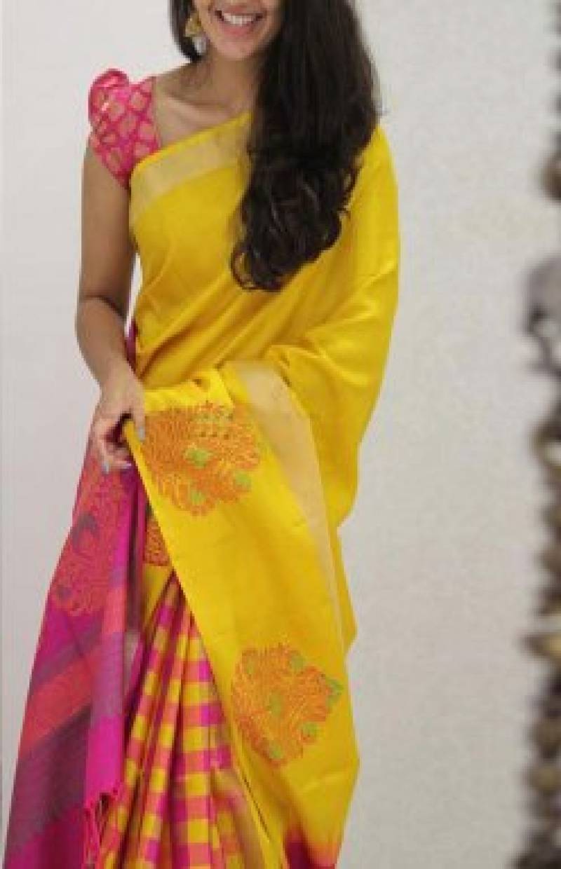 Yellow and Pink Colored Designer Faux Silk Saree