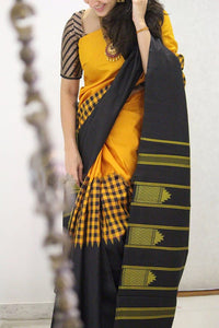 Yellow and Black Colored Designer Faux Silk Saree