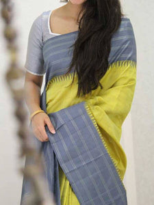 Grey and Yellow Colored Designer Faux Silk Saree