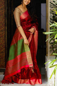 Ethnic Dark Red Faux Silk Woven Zari Work Saree With Blouse Piece Set