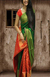 Exclusive Green N Orange Faux Silk Party Wear Saree For Women With Blouse Piece