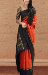 Orange and Black Colored Designer Faux Silk Saree