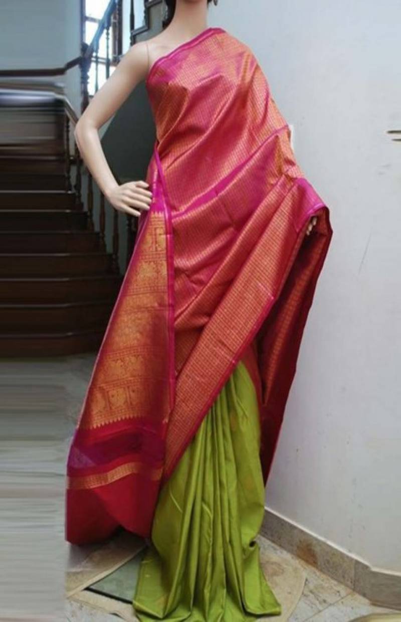 Pink and Green Colored Designer Faux Silk Saree