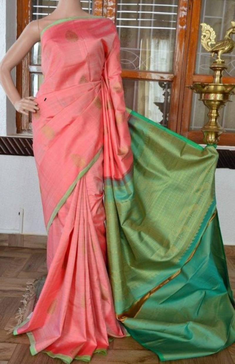 Pink and Green Colored Designer Faux Silk Saree