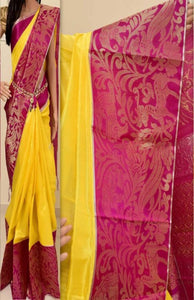Yellow and Pink Colored Designer Faux Silk Saree