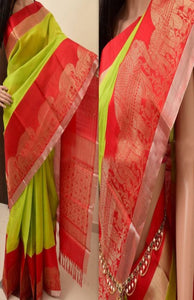 Green and red Colored Designer Faux Silk Saree
