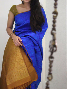 Blue And Beige Colored Traditional Faux Silk Saree For Women