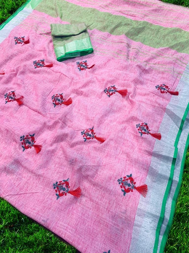 pink color linen saree with Unstitched Blouse