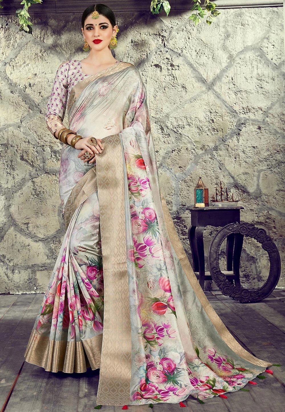 Multi Color Floral Pattern Linen Saree With Unstitched Blouse