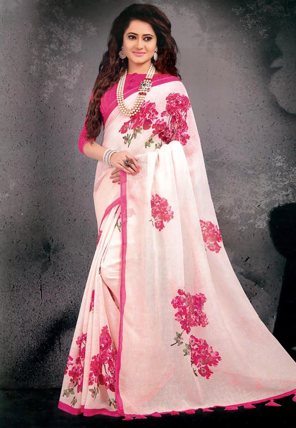 Light Pink Color Floral Pattern Linen Saree With Blouse Piece