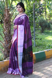 Purple Colored Linen Fabric Party Wear Saree With Blouse Piece Set For Women