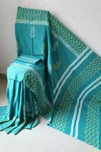 Cyan Colored Linen Fabric Party Wear Saree With Blouse Piece Set For Women