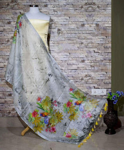 Grey Color Flower Pattern Linen Saree With Blouse Piece