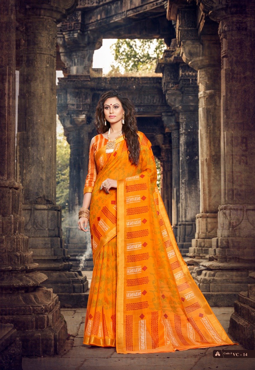 Orange Color Linen Saree With Blouse Piece