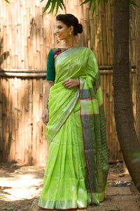 Parrot Green Color Linen Saree With Blouse Piece