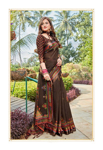 Brown Color Linen Saree With Blouse Piece