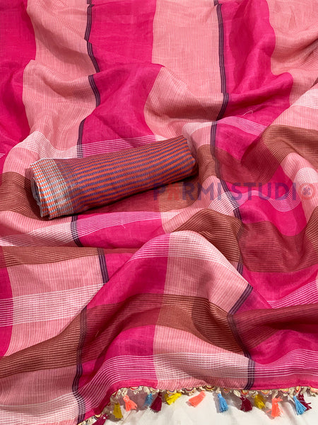 Pink Color Checks Pattern Linen Saree With Blouse Piece
