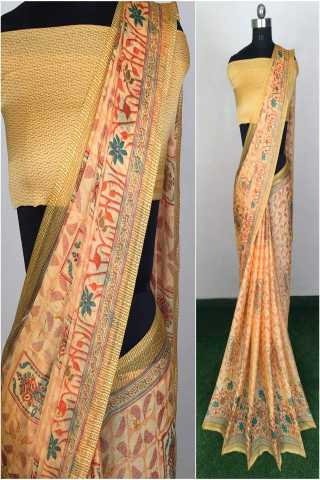 Bright Yellow Color Linen Saree With Unstitched Blouse