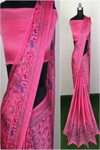 Pink Color Linen Saree With Unstitched Blouse
