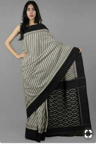 Black - White Stripe Pattern Linen Saree.