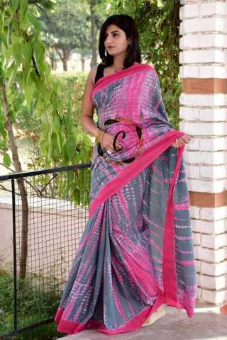 Pink - Grey Color Linen Saree With Unstitched Blouse