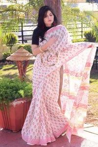 White - Pink Color Linen Saree With Blouse Piece