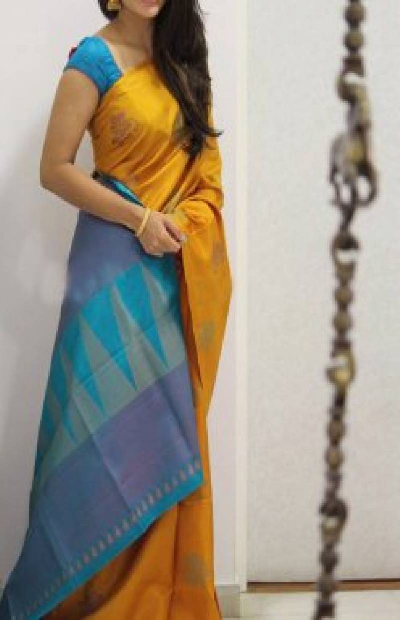 Ethnic Blue Yellow Silk Woven Zari Work Saree With Blouse Piece Set