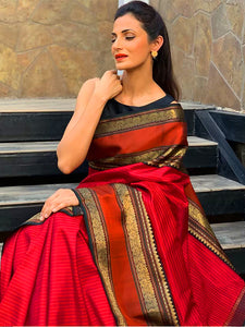 Red And Black Colored Traditional Faux Silk Saree For Women